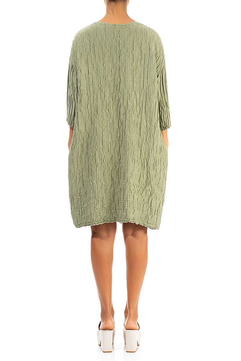 Crinkled Khaki Silk Linen Shift Dress