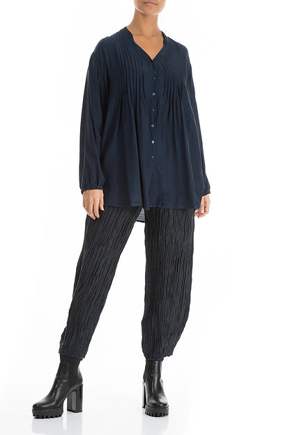 Crinkled Navy Silk Linen Trousers 4