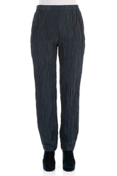Crinkled Navy Silk Linen Trousers 1