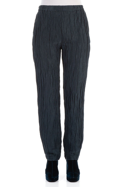 Crinkled Navy Silk Linen Trousers 1