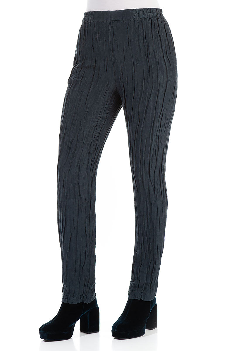 Crinkled Navy Silk Linen Trousers 3