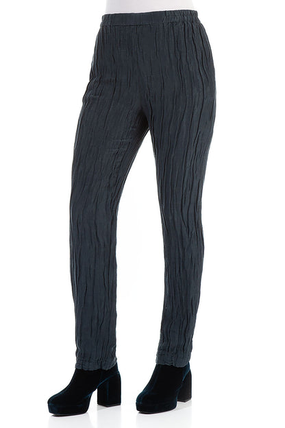 Crinkled Navy Silk Linen Trousers 3