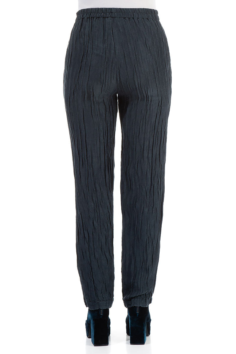 Crinkled Navy Silk Linen Trousers 2