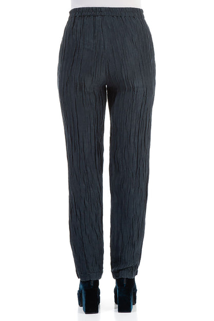 Crinkled Navy Silk Linen Trousers 2