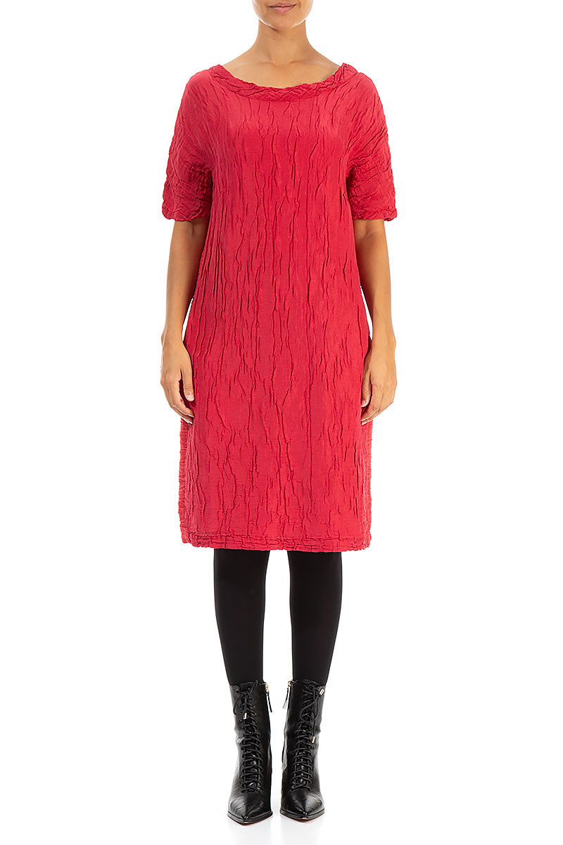 Crinkled Red Silk Linen Midi Dress