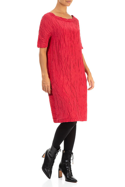 Crinkled Red Silk Linen Midi Dress