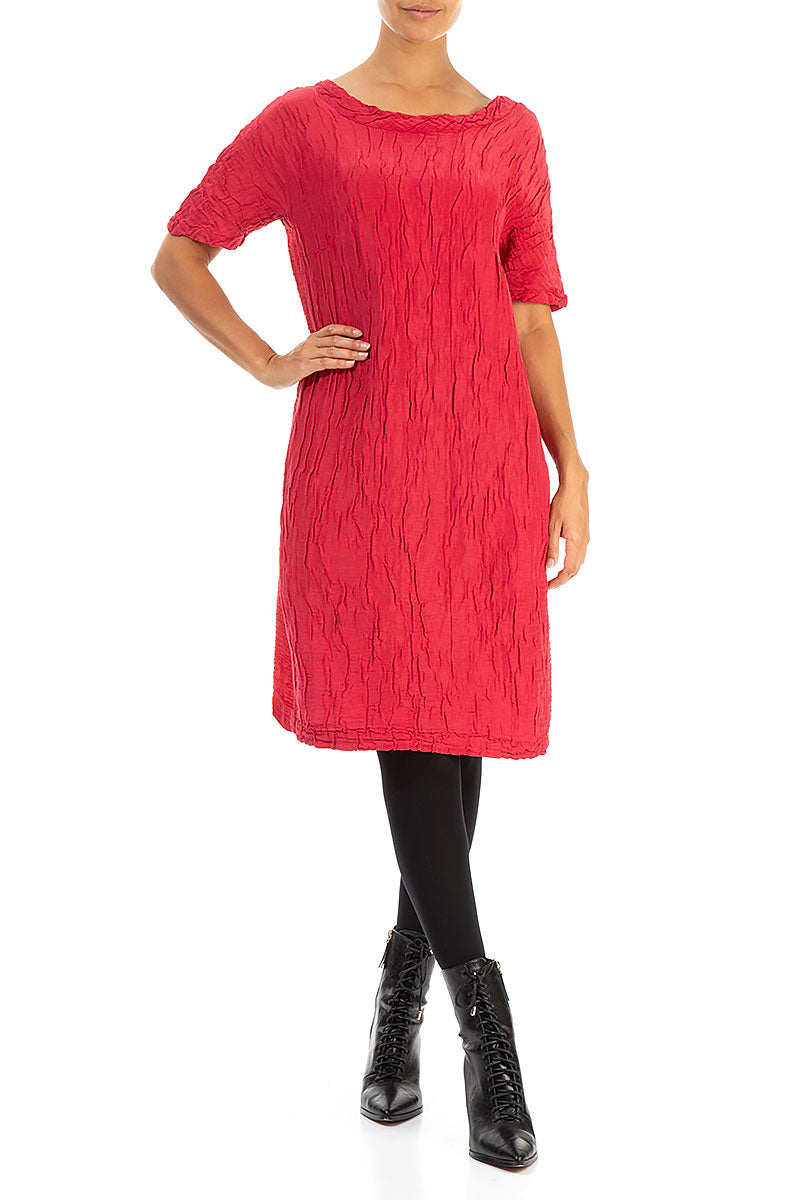 Crinkled Red Silk Linen Midi Dress