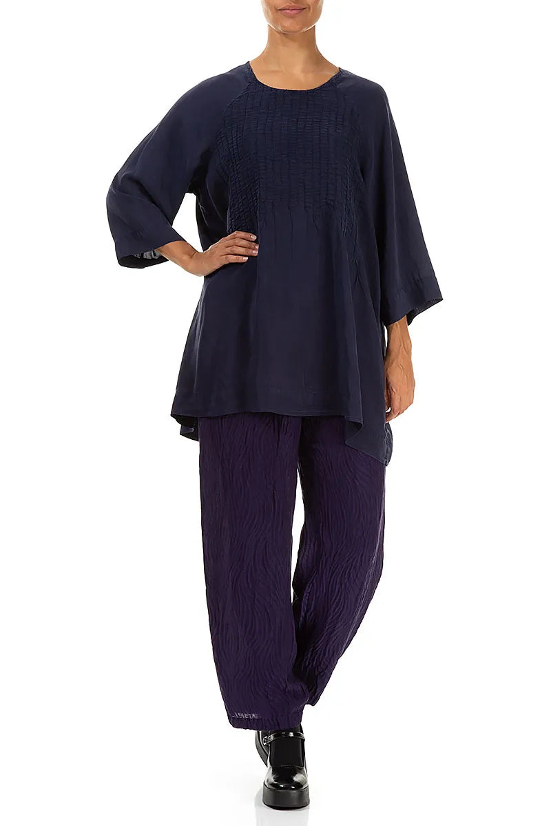 Crinkled Royal Purple Waves Silk Linen Trousers 4