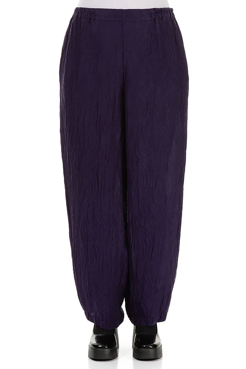 Crinkled Royal Purple Waves Silk Linen Trousers 1