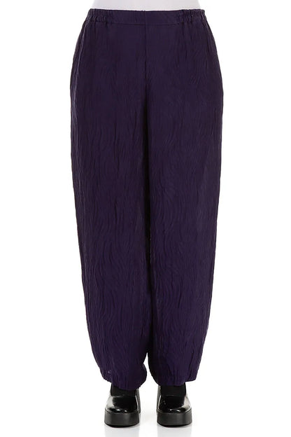 Crinkled Royal Purple Waves Silk Linen Trousers 1