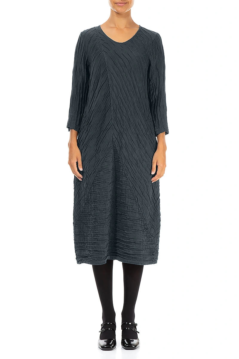 Crinkled Slate Silk Linen Midi Dress 1