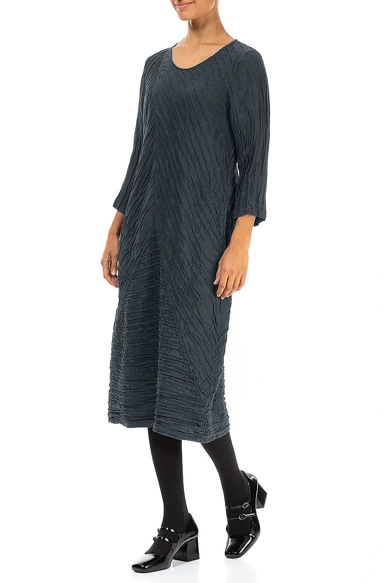 Crinkled Slate Silk Linen Midi Dress 3
