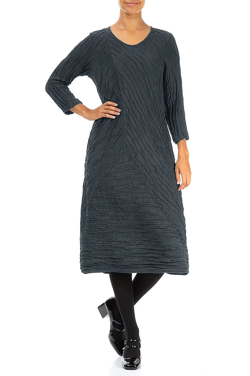 Crinkled Slate Silk Linen Midi Dress 4