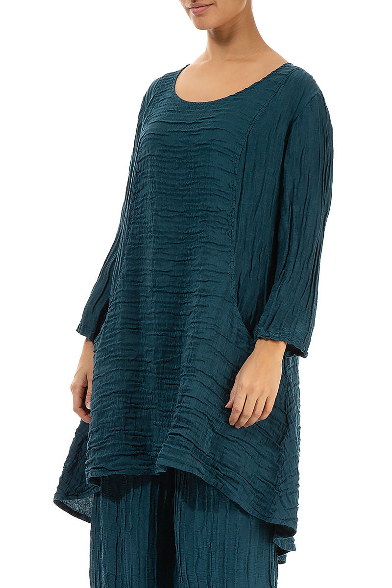 Crinkled Two Pockets Dark Teal Silk Tunic