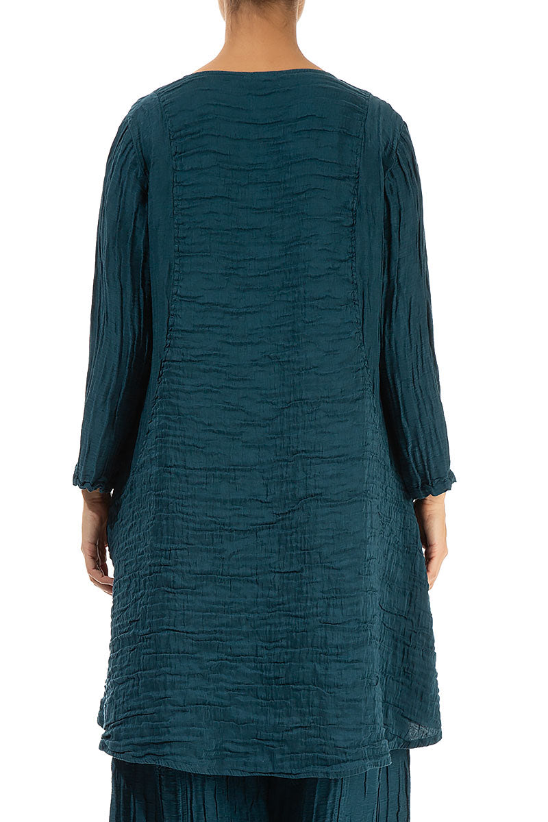 Crinkled Two Pockets Dark Teal Silk Tunic