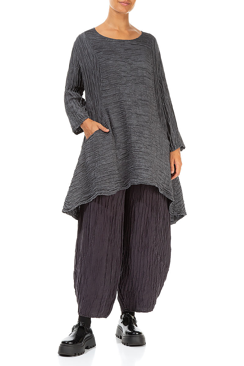 Crinkled Two Pockets Dark Silver Silk Tunic