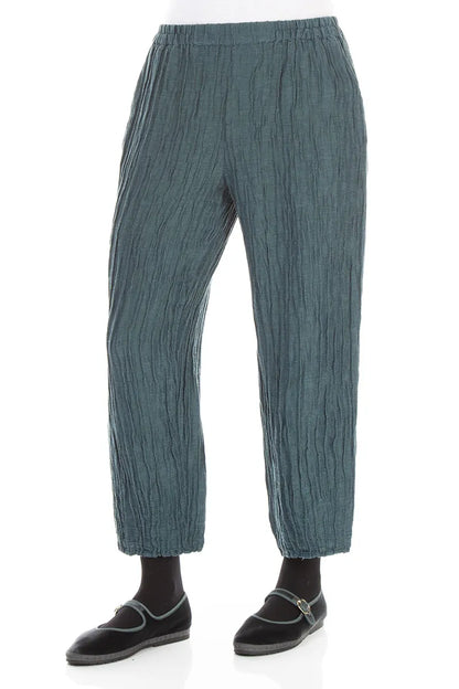 Cropped Crinkled Deep Turquoise Silk Linen Trousers