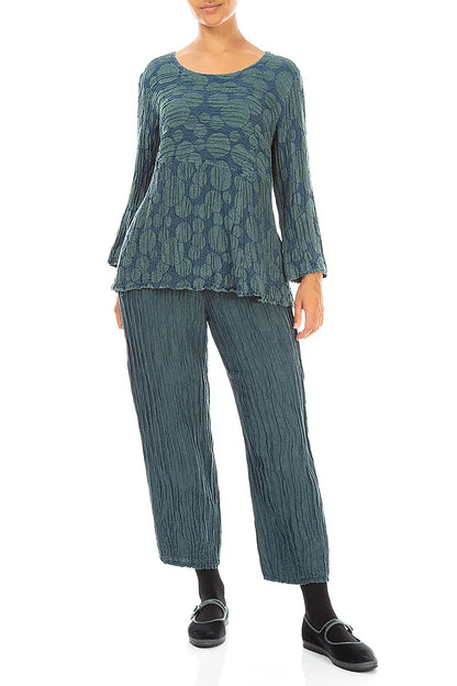 Cropped Crinkled Deep Turquoise Silk Linen Trousers