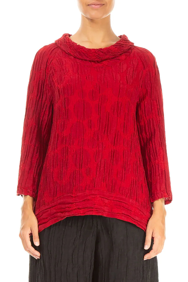 Cropped Sleeves Cherry Red Circle Silk Linen Blouse 1