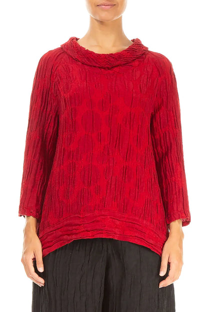 Kurzärmelige, kirschrote Seiden-Leinen-Bluse mit Kreismuster