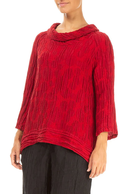 Kurzärmelige, kirschrote Seiden-Leinen-Bluse mit Kreismuster