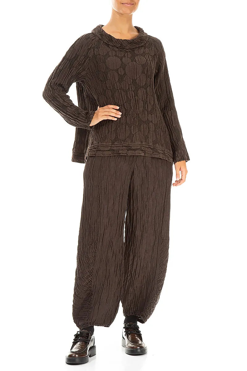 Long Sleeves Forest Brown Circle Silk Linen Blouse 4