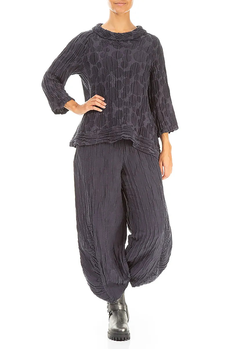 Cropped Sleeves Slate Blue Circle Silk Linen Blouse