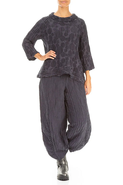 Cropped Sleeves Slate Blue Circle Silk Linen Blouse