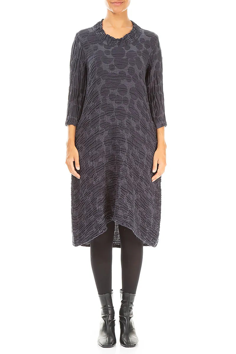 Cropped Sleeves Slate Blue Circle Silk Linen Dress 1