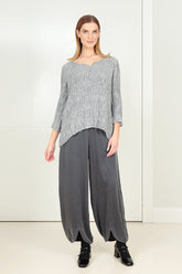 Cropped Sleeves Sweetheart Neck Crinkled Silver Silk Blouse 6