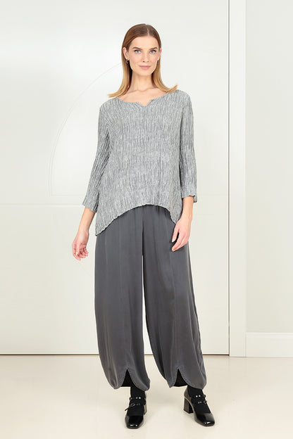 Cropped Sleeves Sweetheart Neck Crinkled Silver Silk Blouse 6