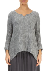 Cropped Sleeves Sweetheart Neck Crinkled Silver Silk Blouse 1