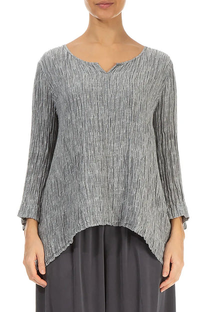 Cropped Sleeves Sweetheart Neck Crinkled Silver Silk Blouse 1