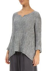 Cropped Sleeves Sweetheart Neck Crinkled Silver Silk Blouse 3