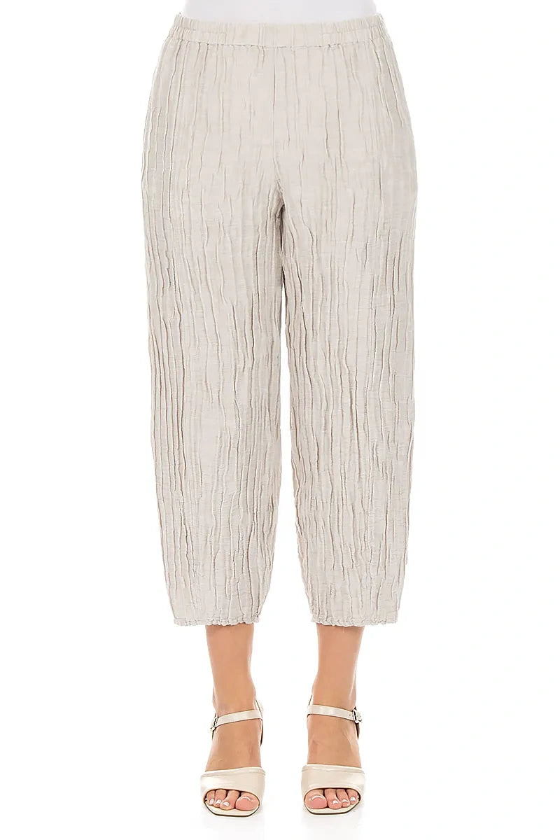 Cropped Taper Beige Silk Linen Trousers 1