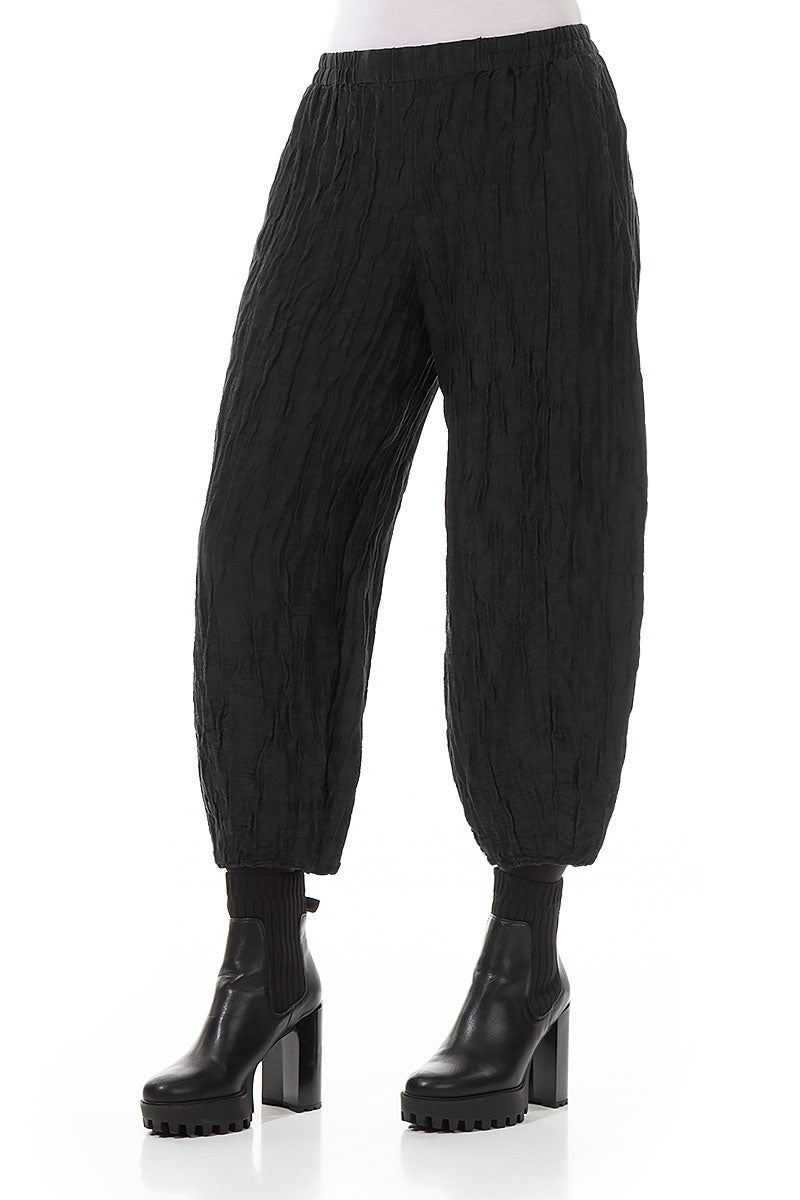 Cropped Taper Black Silk Linen Trousers 3