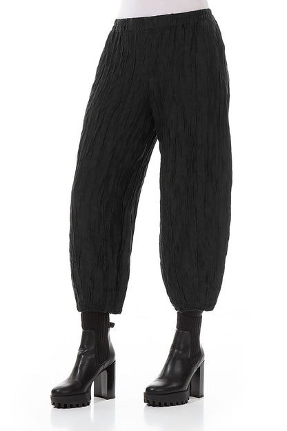 Cropped Taper Black Silk Linen Trousers 3