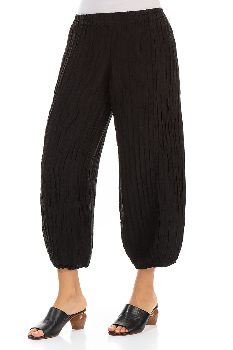 Cropped Taper Black Silk Linen Trousers