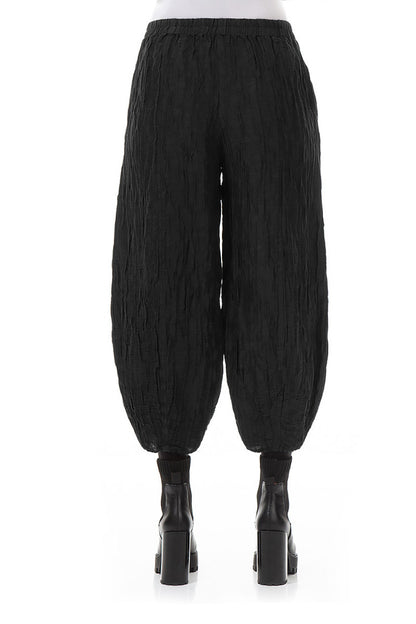 Cropped Taper Black Silk Linen Trousers 2