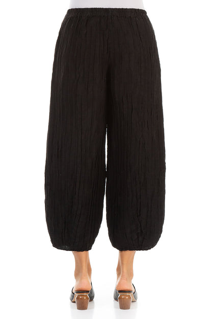 Cropped Taper Black Silk Linen Trousers