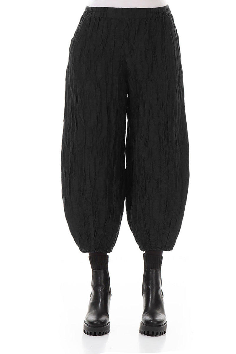 Cropped Taper Black Silk Linen Trousers 1