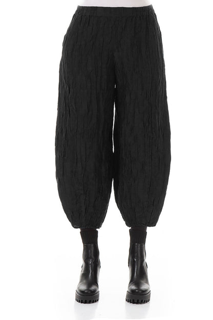 Cropped Taper Black Silk Linen Trousers 1