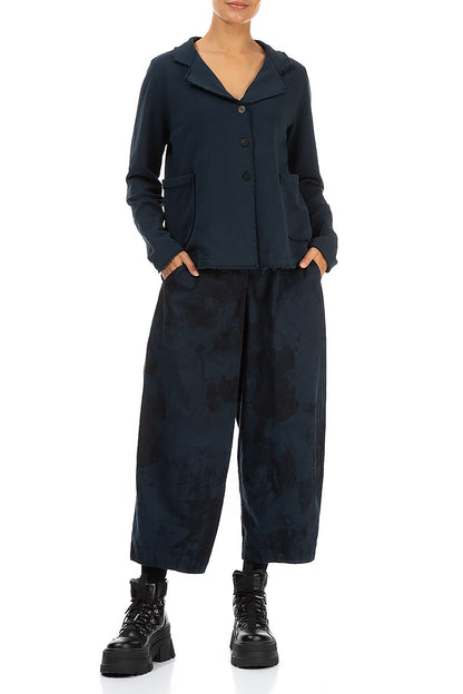 Cropped Wide Midnight Blue Marble Cotton Trousers