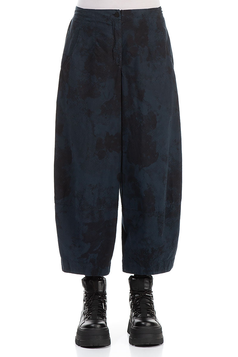 Cropped Wide Midnight Blue Marble Cotton Trousers