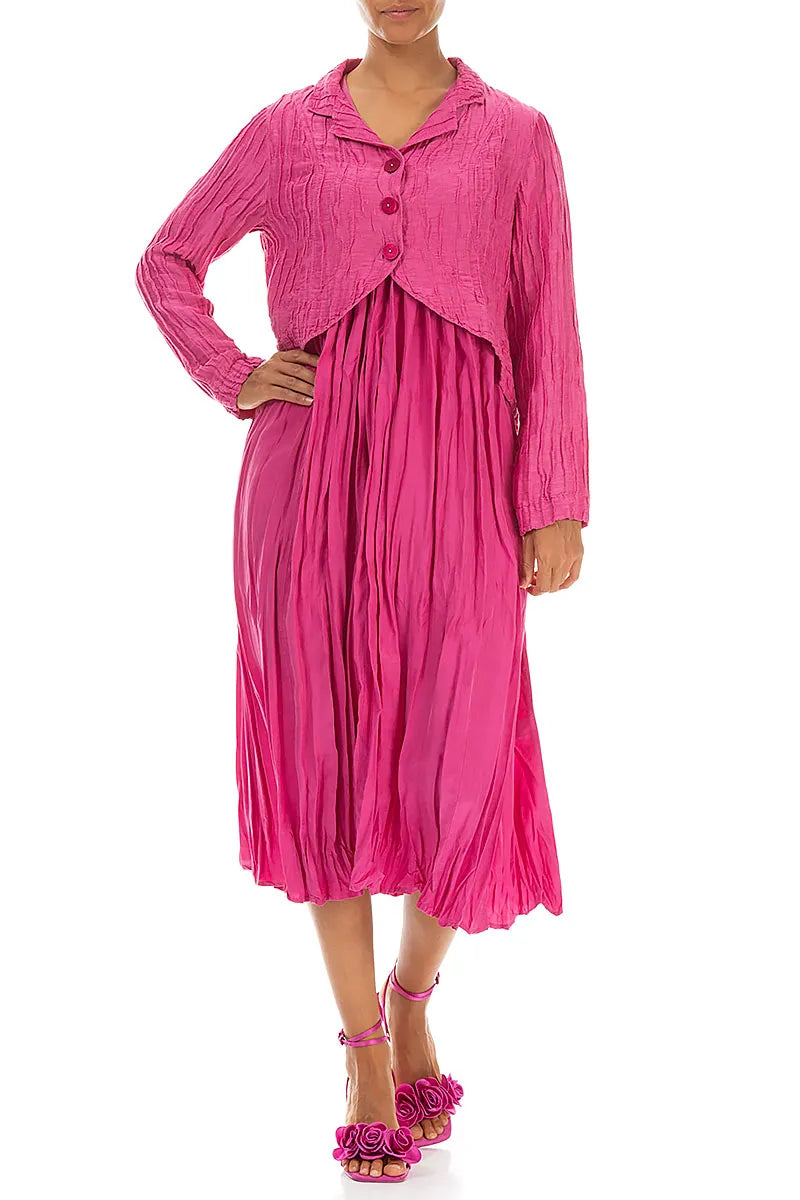 Curved Hem Crinkled Fuchsia Silk Linen Jacket 4