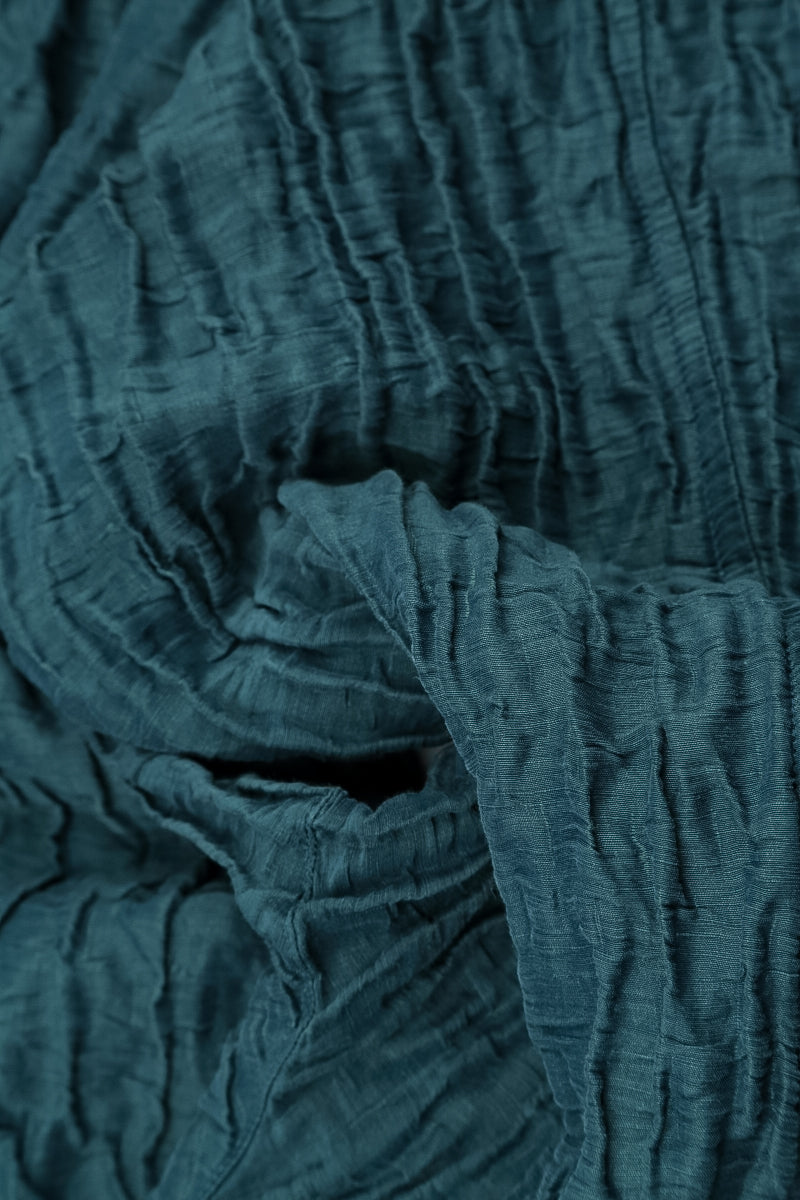 Curved Hem Deep Turquoise Crinkled Silk Linen Dress