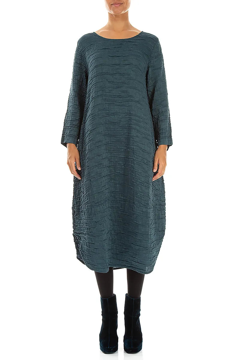Curved Hem Deep Turquoise Crinkled Silk Linen Dress