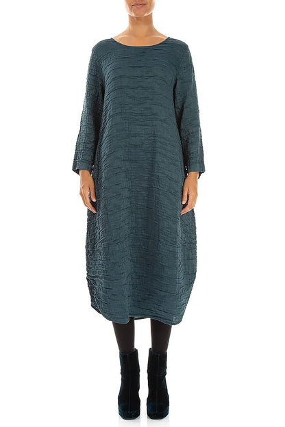 Curved Hem Deep Turquoise Crinkled Silk Linen Dress