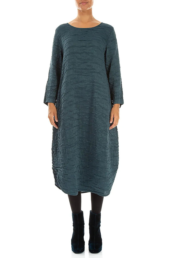 Curved Hem Deep Turquoise Crinkled Silk Linen Dress 1
