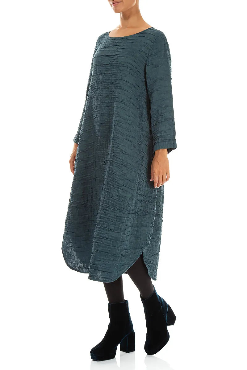 Curved Hem Deep Turquoise Crinkled Silk Linen Dress